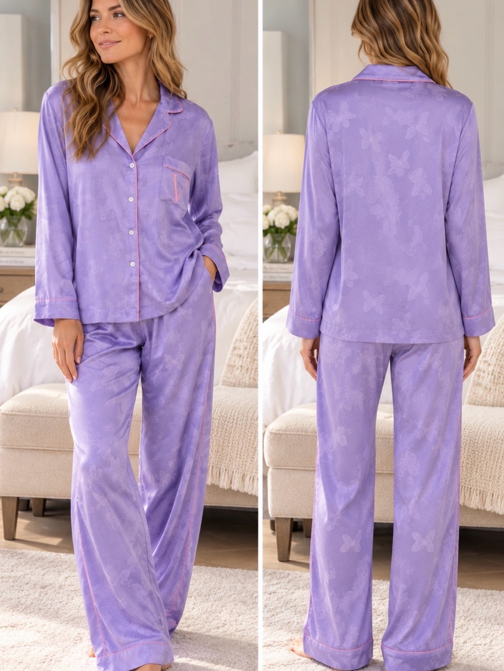 Victoria’s Secret Butterfly Jacquard Satin Pajama Set Lavender XL